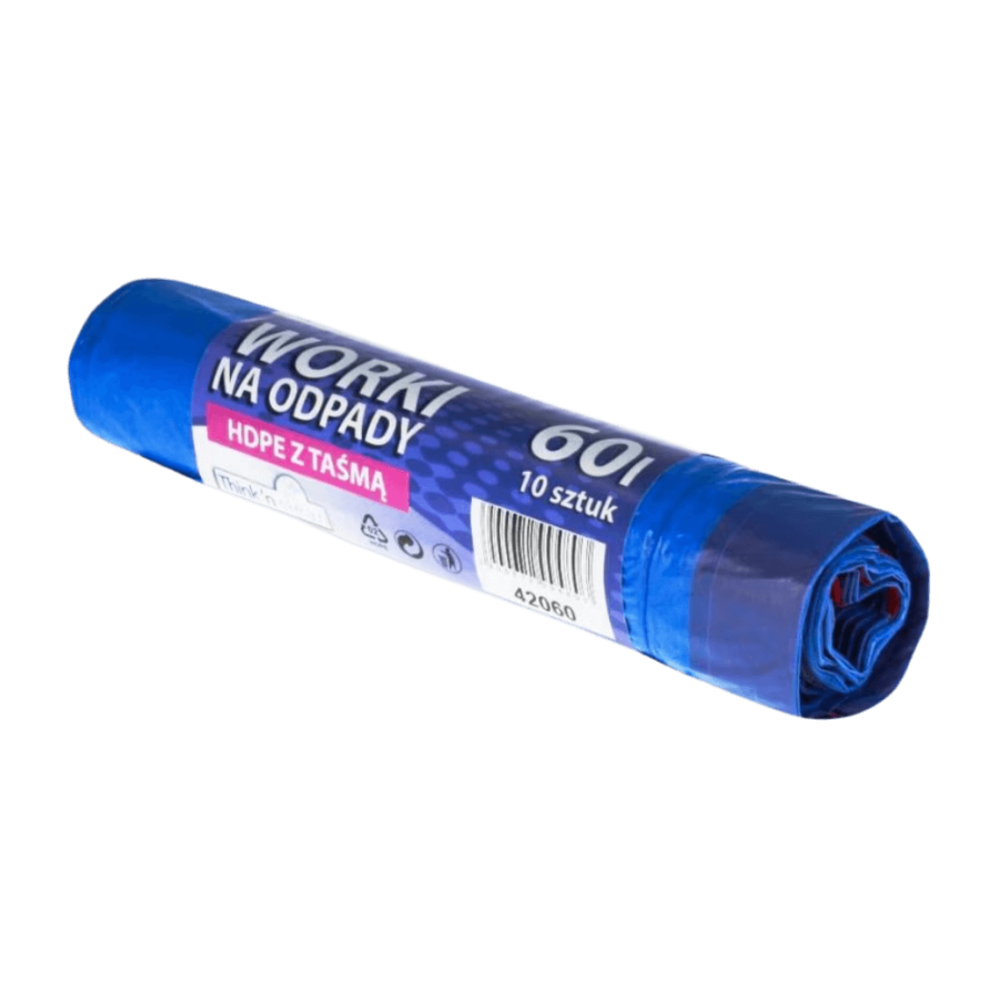 Worek na śmieci z folii HDPE z taśmą, 60 l - 10 szt.