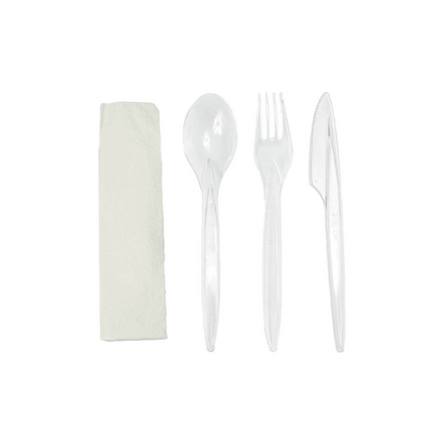 zestaw widelec, nóż i łyżka wielokrotnego użytku transparentne + serwetka Superior - 250 sztuk