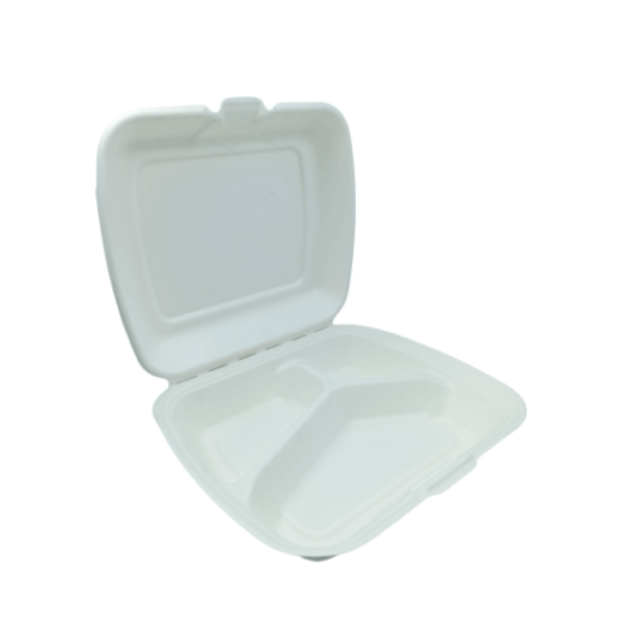 Opakowanie z trzciny cukrowej z pokrywką trzykomorowe 23 cm x 20,5 cm x 7 cm - 50 sztuk