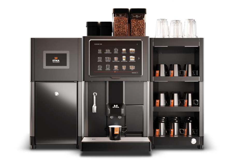 ekspres etna sagittta z dwoma zbiornikami na ziarna, milkbasem i podgrzewaczem na filiżanki