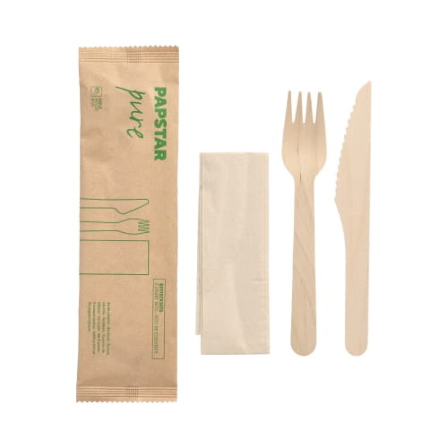 Komplet sztućców z drewna - nóż widelec serwetka - 50 sztuk