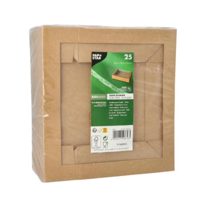 Tacka do sushi kartonowa kraft 4,5 cm x 19,5 cm x 14 cm - 25 sztuk