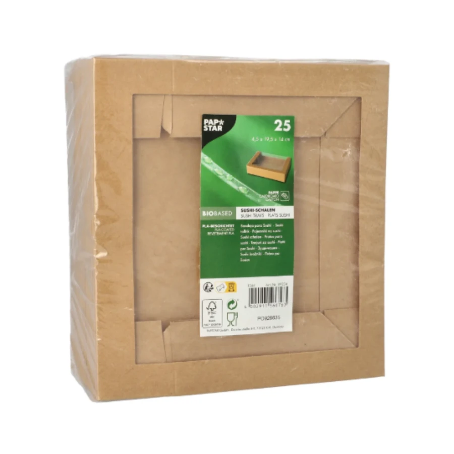 Tacka do sushi kartonowa kraft 4,5 cm x 19,5 cm x 14 cm - 25 sztuk