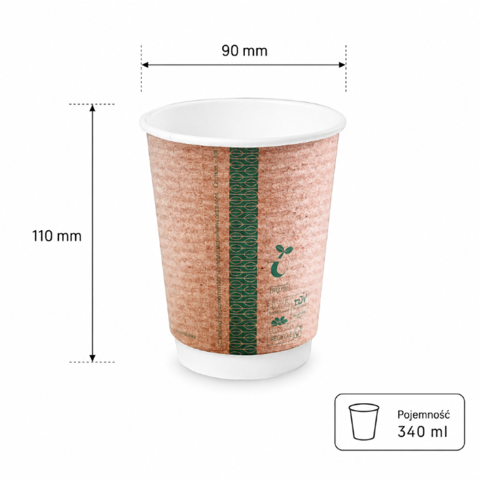 Kubek papierowy dwuwarstwowy kraft 340 ml fi 90 mm - 25 sztuk