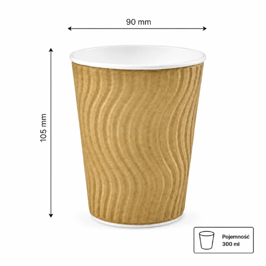 Kubek papierowy karbowany dwuwarstwowy kraft 300 ml fi 90 mm - 40 sztuk