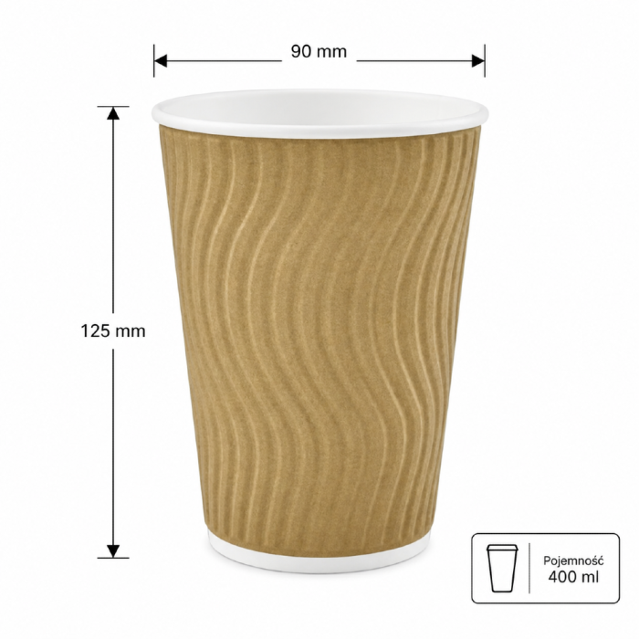 Kubek papierowy karbowany dwuwarstwowy kraft 400 ml fi 90 mm - 25 sztuk