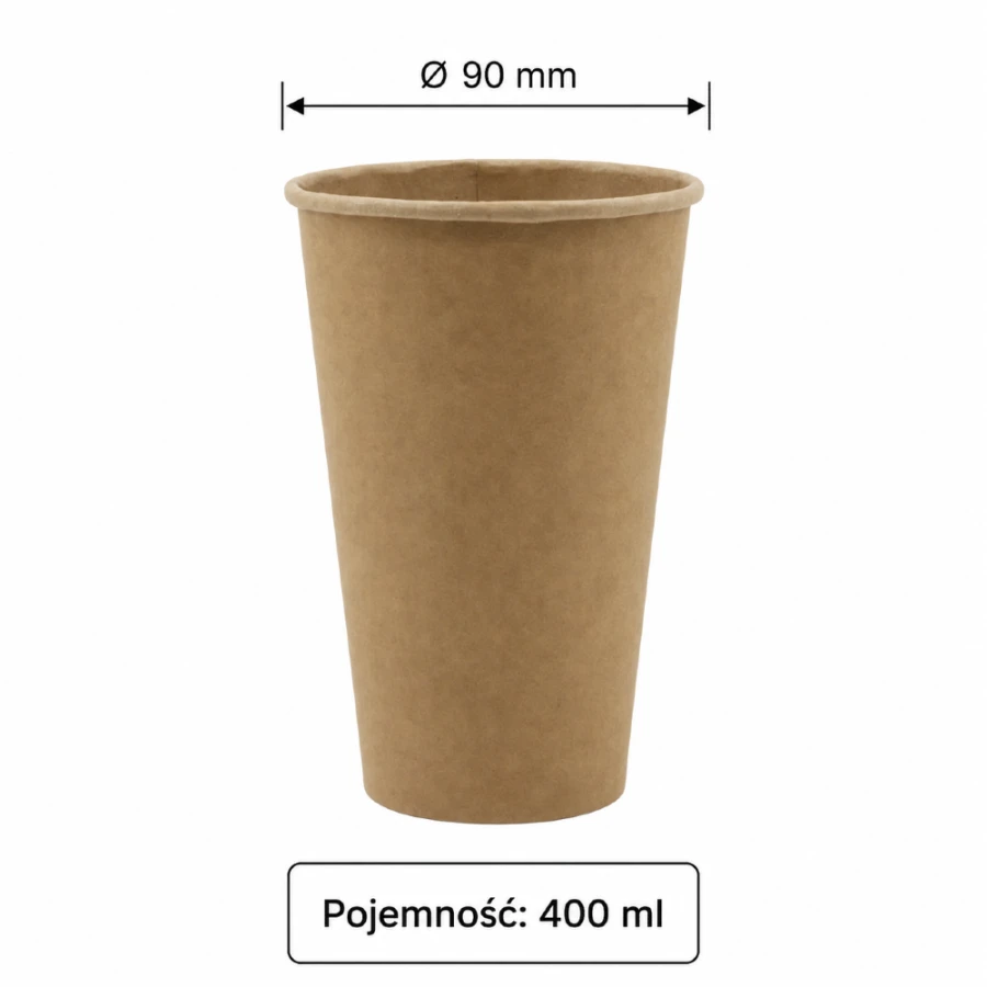 Kubek papierowy jednowarstwowy, kraft, fi 90 mm, 400 ml - 50 sztuk