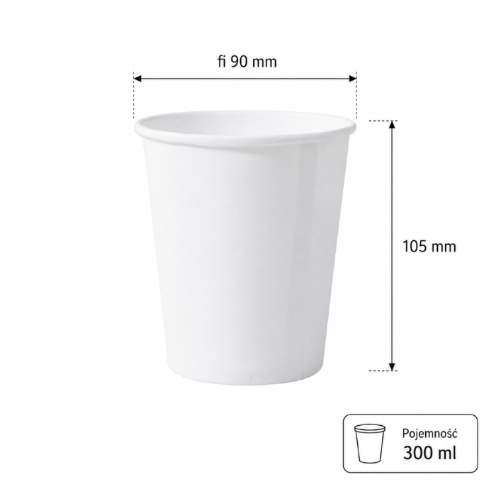 Kubek papierowy, biały, fi 90 mm, 300 ml - 50 sztuk