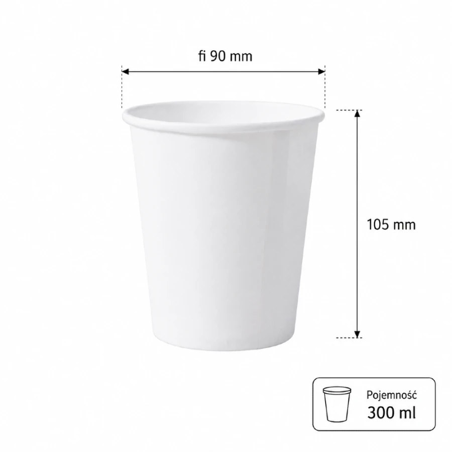 Kubek papierowy, biały, fi 90 mm, 300 ml - 50 sztuk