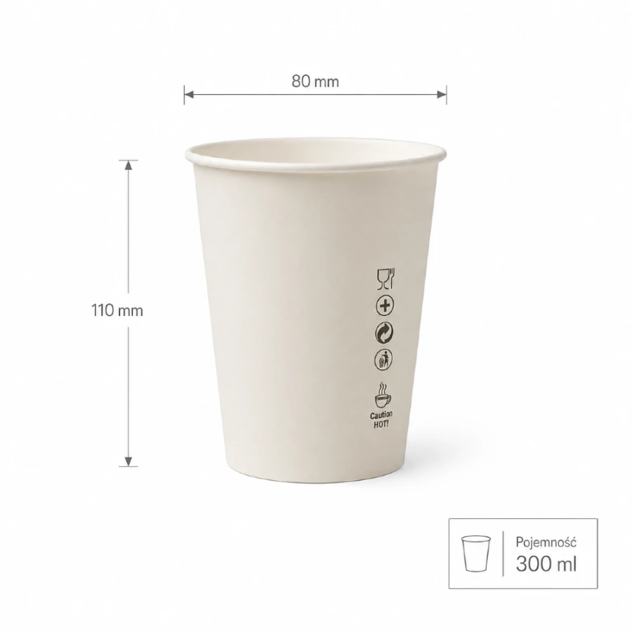 Kubek papierowy z powłoką dyspersyjną biały 300 ml fi 80 mm - 50 sztuk
