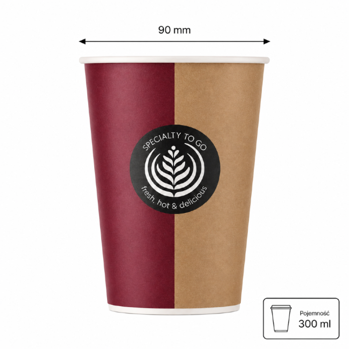 Kubek papierowy 300 ml fi 90 mm brązowo-bordowy jednowarstwowy - 50 sztuk