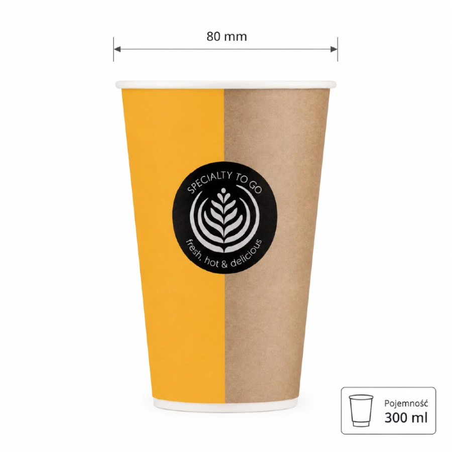 Kubek papierowy 300 ml fi 80 mm brązowo-żółty jednowarstwowy - 65 sztuk