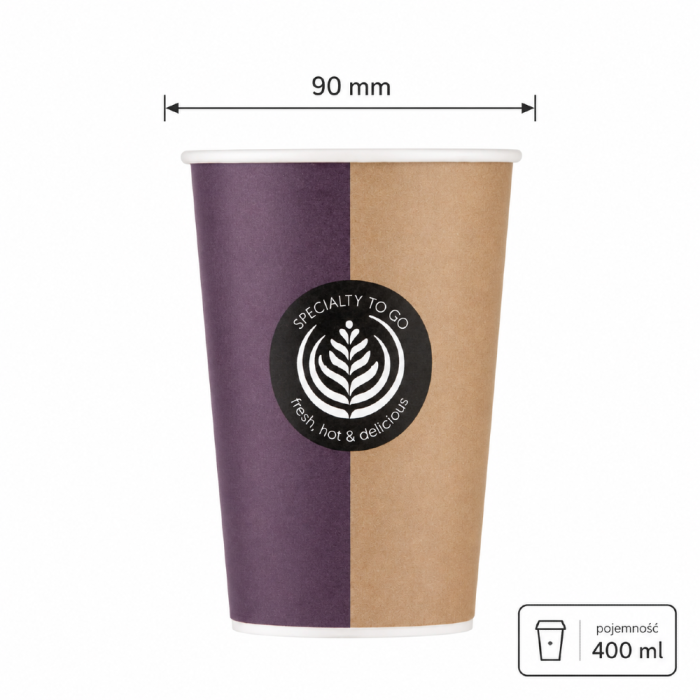 Kubek papierowy 400 ml fi 90 mm brązowo-fioletowy jednowarstwowy - 50 sztuk
