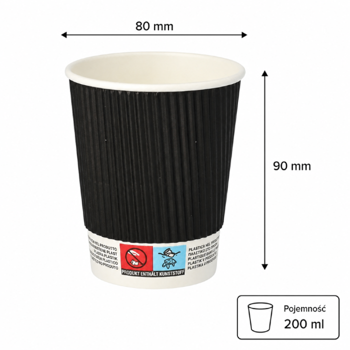 Kubki z papieru czarne Ripple Wall, fi 80 mm 0,2L - 25 sztuk