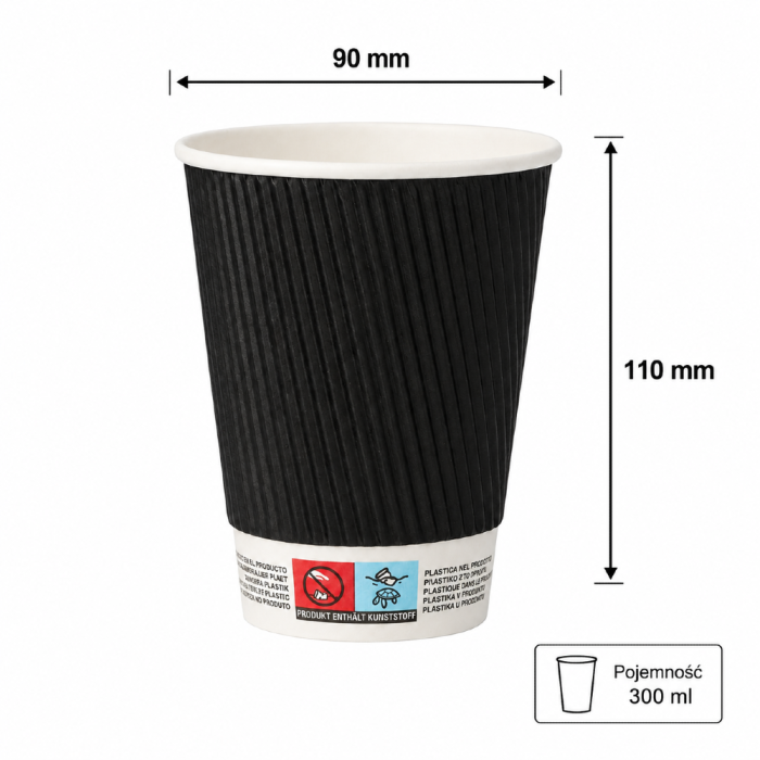 Kubki z papieru czarne Ripple Wall, fi 90 mm 0,3L - 25 sztuk