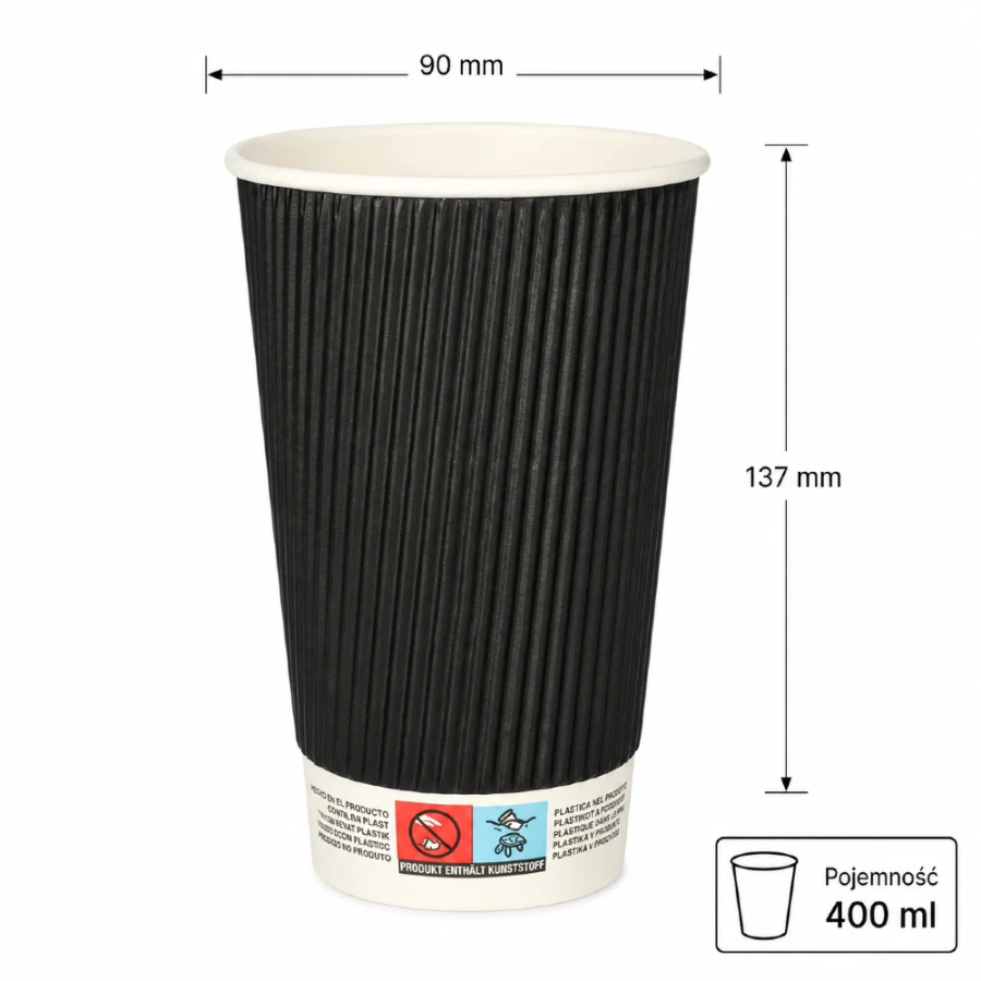 Kubki z papieru czarne Ripple Wall, fi 90 mm 0,4L - 25 sztuk