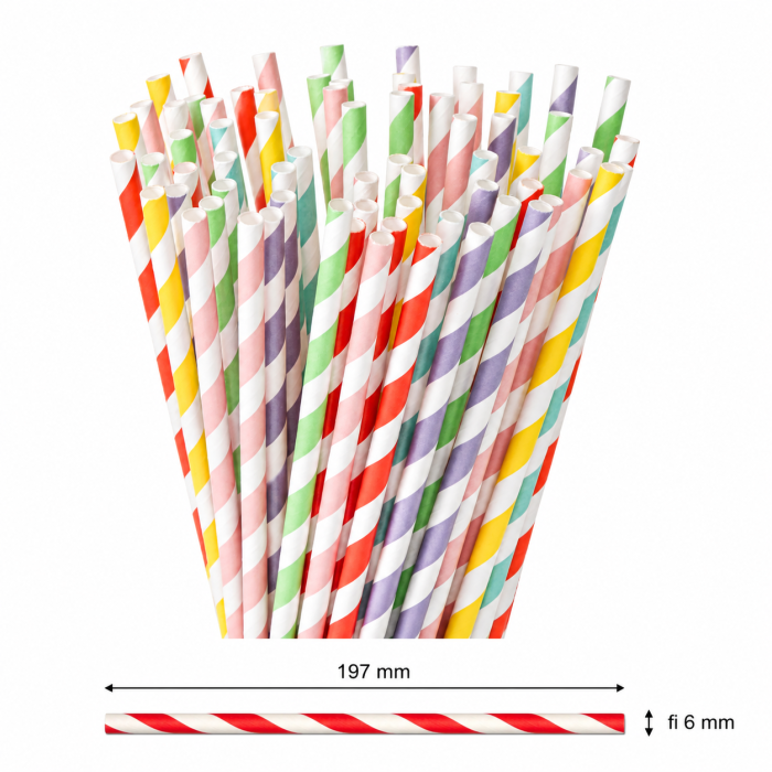 Słomka papierowa pastelowy mix kolorów w paski 197 mm fi 6 mm - 250 sztuk