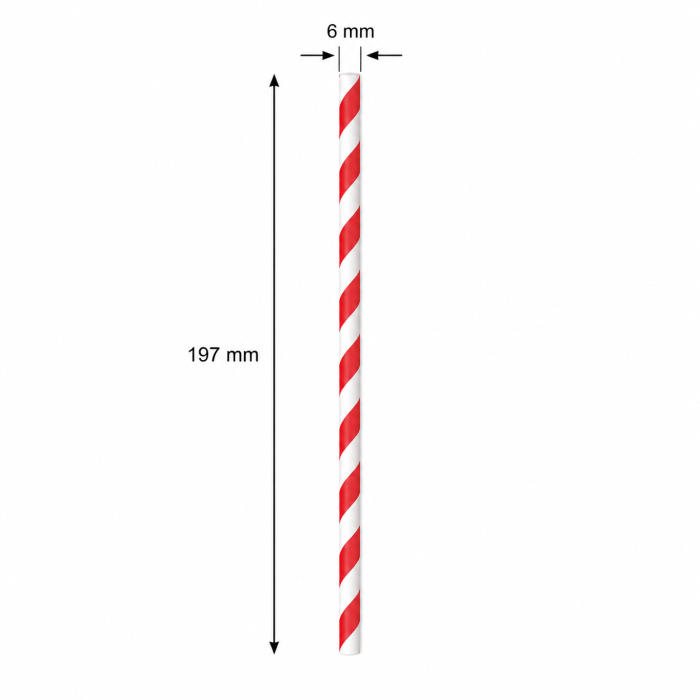 Słomka papierowa czerwone paski 197 mm fi 6 mm - 250 sztuk