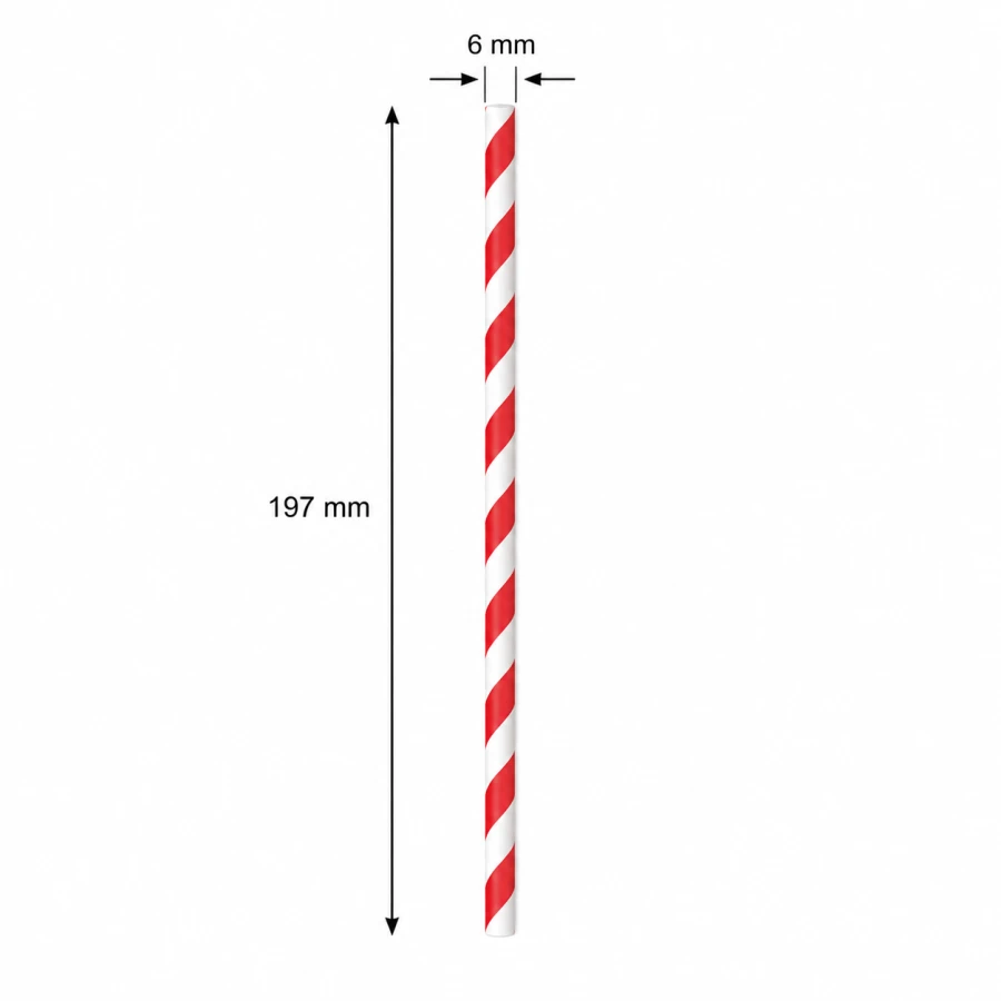 Słomka papierowa czerwone paski 197 mm fi 6 mm - 250 sztuk