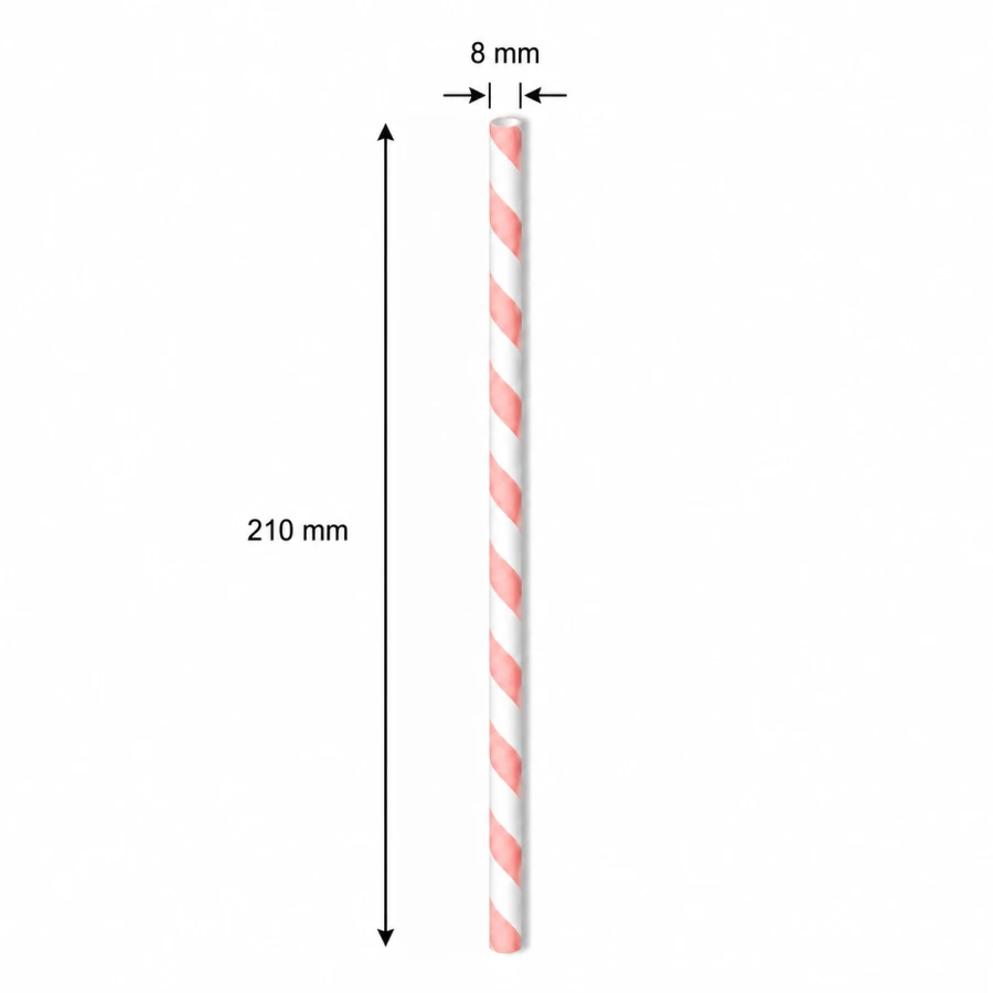 Słomka papierowa różowe paski 210 mm fi 8 mm - 250 sztuk