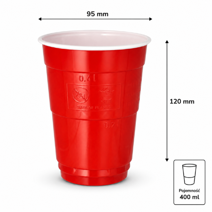 Kubki do piwa czerw./białe, fi 95 mm 0,4L - 50 sztuk