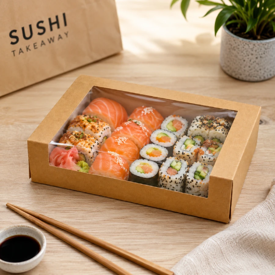 Tacka do sushi kartonowa kraft 4,5 cm x 19,5 cm x 14 cm - 25 sztuk