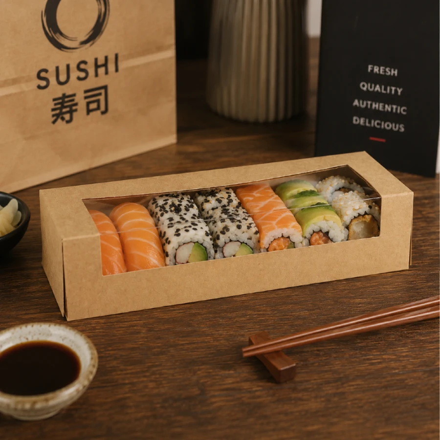 Tacka do sushi kartonowa kraft 4,5 cm x 19,5 cm x 7 cm - 25 sztuk