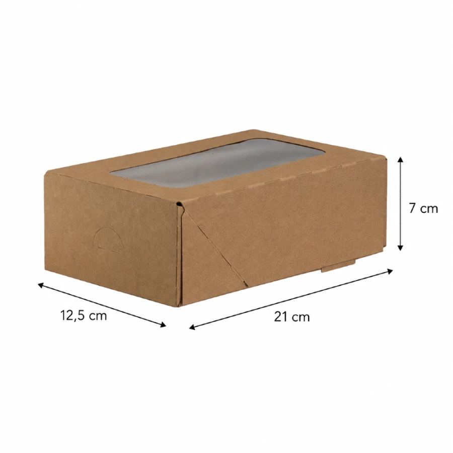 Pojemnik kartonowy kraft z oknem z PE 12,5 cm x 21 cm x 7 cm - 15 sztuk