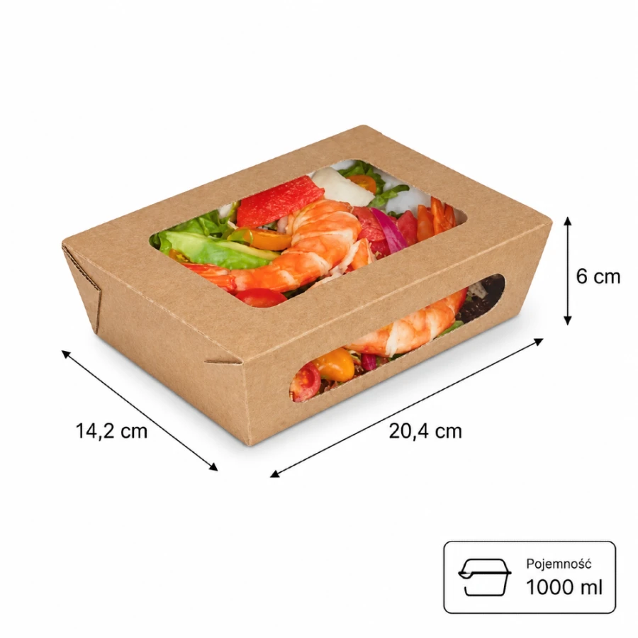 Opakowanie na ciasta, sałatki z okienkiem 20,4 cm x 14,2 cm x 6 cm, 1000 ml - 50 sztuk
