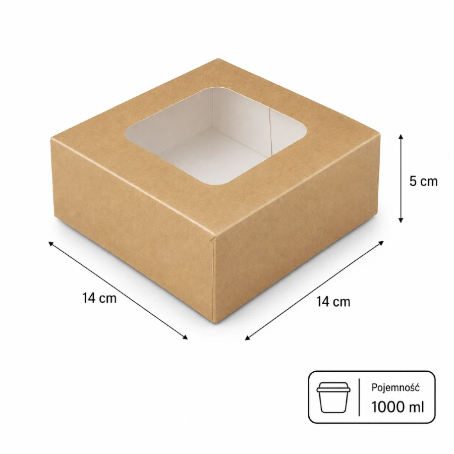 Pudełko papierowe z nakładaną pokrywką z okienkiem 14 cm x 14 cm x 5 cm - 1000 ml