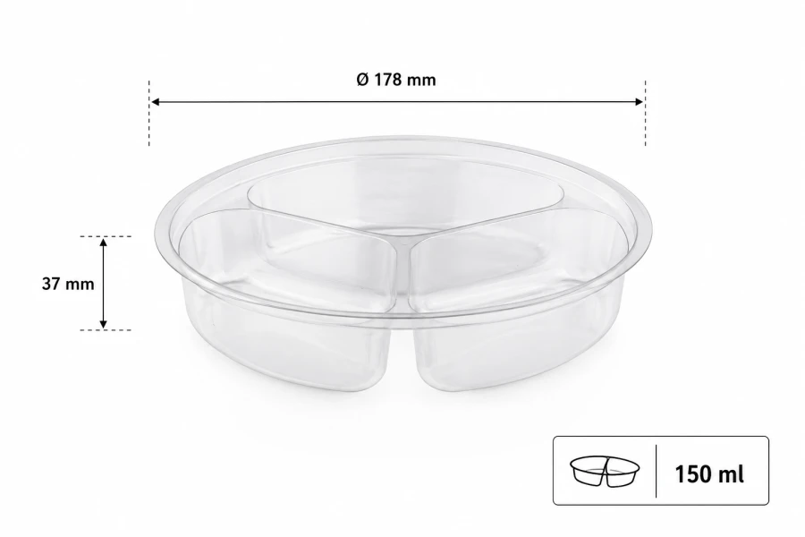 Pojemnik PET, fi 178mm, 3x150ml transparentny - 50 sztuk