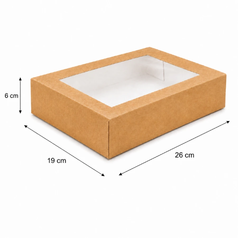 Pudełko na sushi z okienkiem kraft 26 cm x 19 cm x 6 cm - 50 sztuk