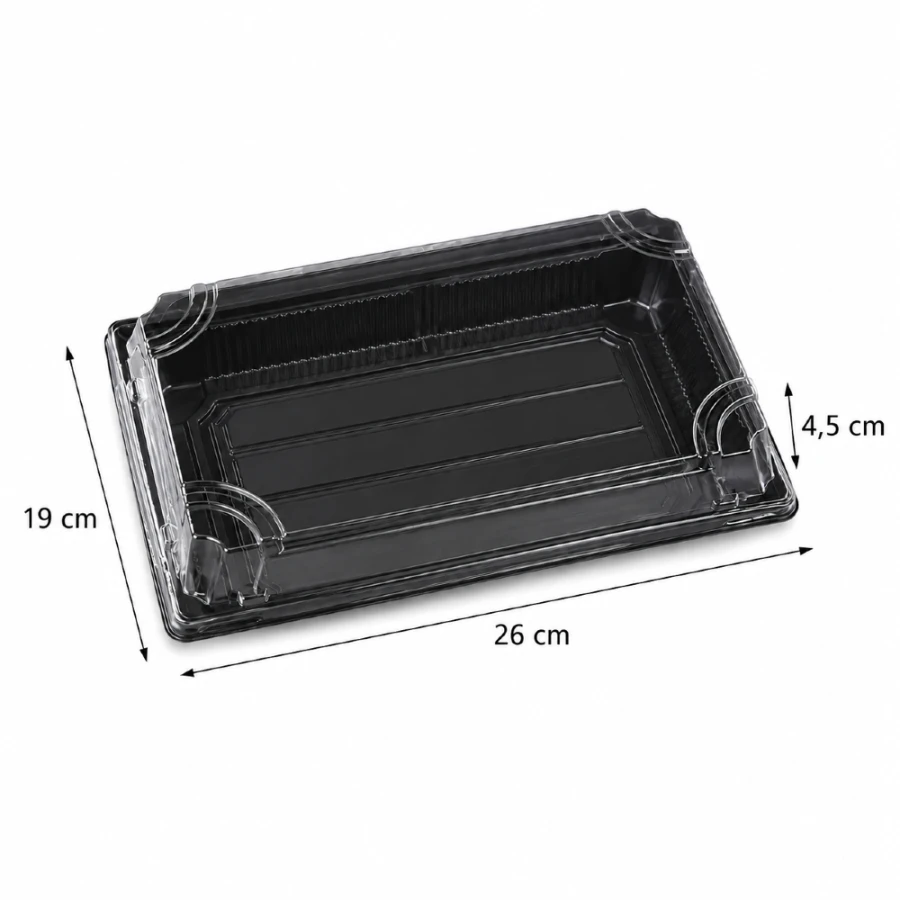 Pudełko do sushi z pokrywką rPET 26 cm x 19 cm x 4,5 cm - 50 sztuk