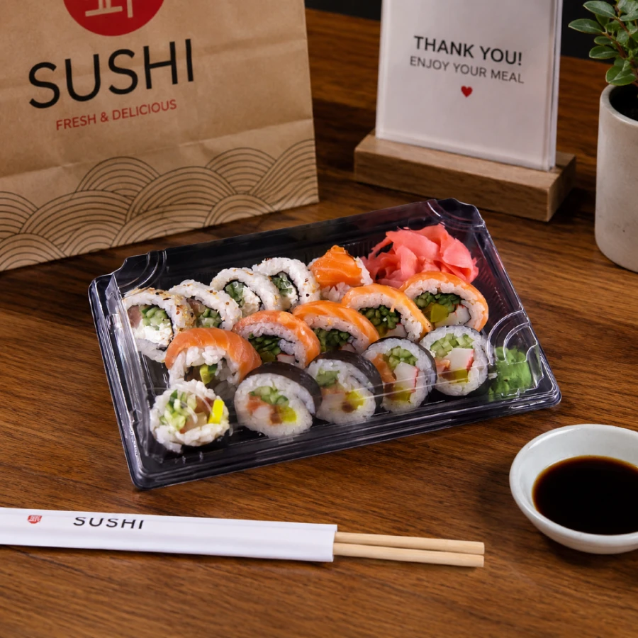 Pudełko do sushi z pokrywką rPET 26 cm x 19 cm x 4,5 cm - 50 sztuk