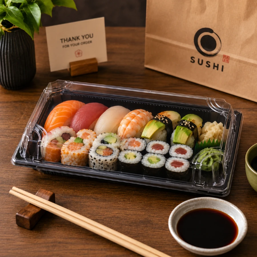 Pudełko do sushi z pokrywką rPET 24 cm x 13,7 cm x 4,5 cm - 50 sztuk