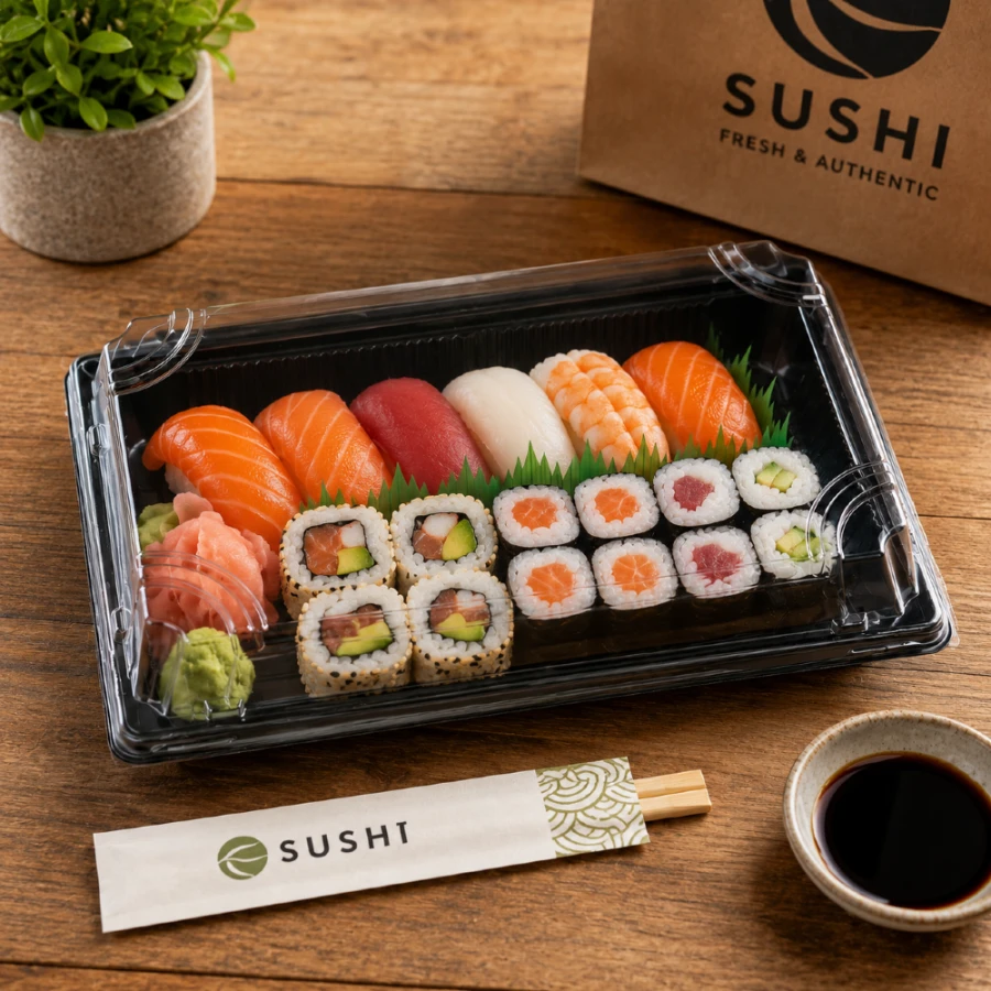 Pudełko do sushi z pokrywką rPET 21,7 cm x 13,6 cm x 4,5 cm - 50 sztuk