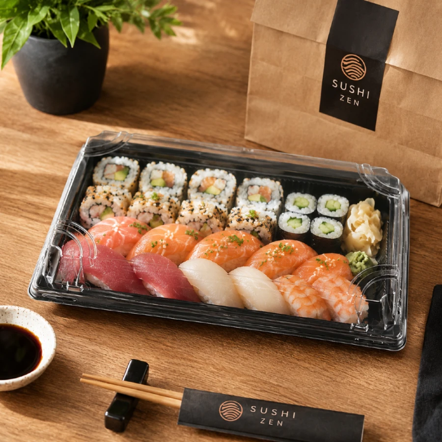 Pudełko do sushi z pokrywką rPET 18,8 cm x 13 cm x 4,5 cm - 50 sztuk