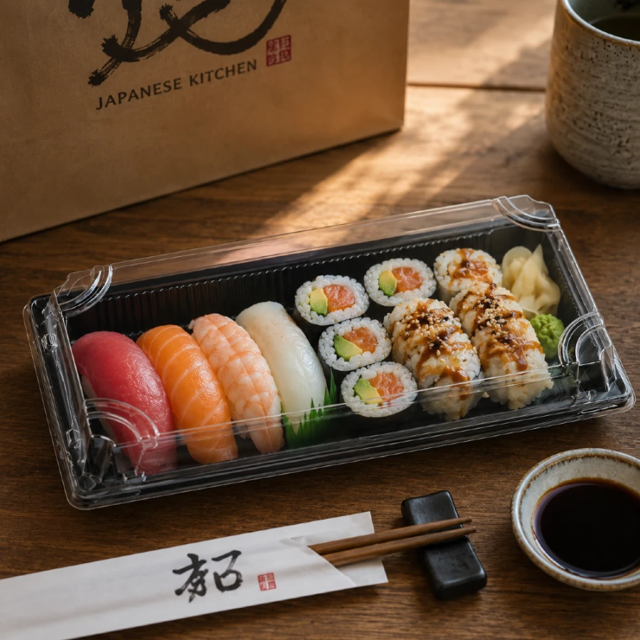 Pudełko do sushi z pokrywką rPET 22,4 cm x 9,4 cm x 4,5 cm - 50 sztuk
