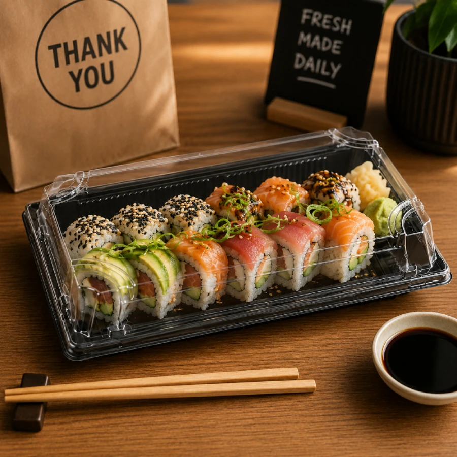 Pudełko do sushi z pokrywką rPET 16,7 cm x 9,3 cm x 4,5 cm - 50 sztuk