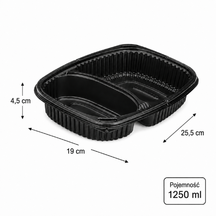 Pojemnik 1250 ml czarny dwudzielny 25,5 x 19 x 4,5 cm, PP - 40 szt.