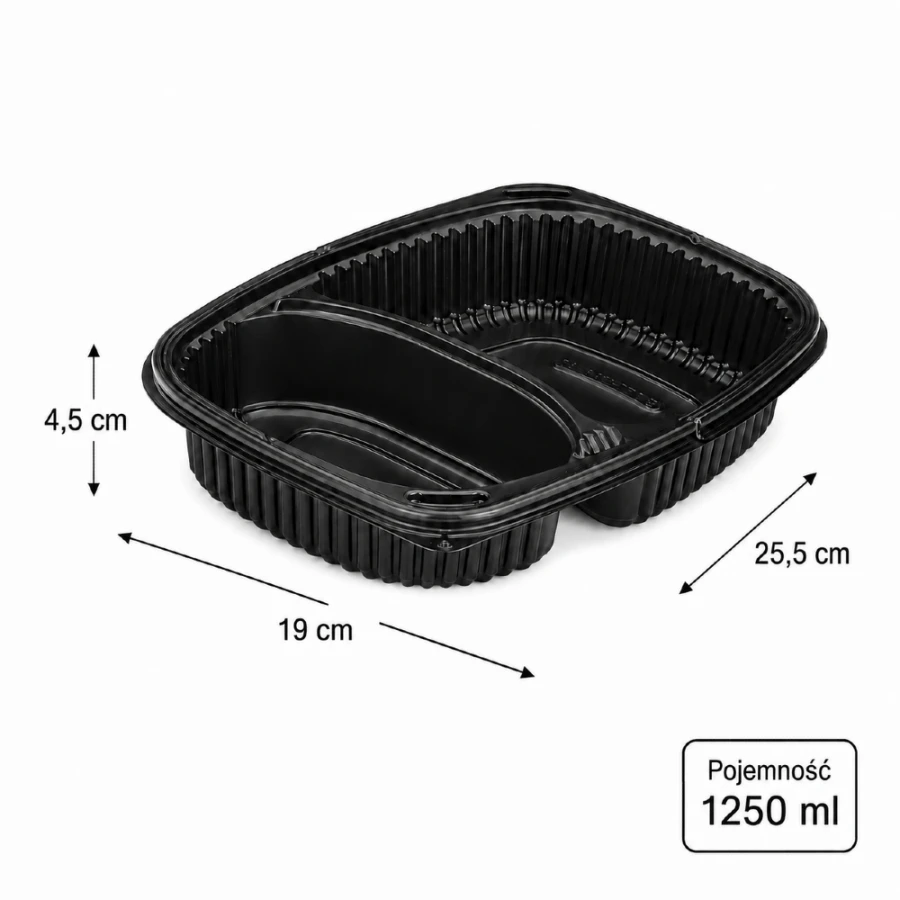 Pojemnik 1250 ml czarny dwudzielny 25,5 x 19 x 4,5 cm, PP - 40 szt.