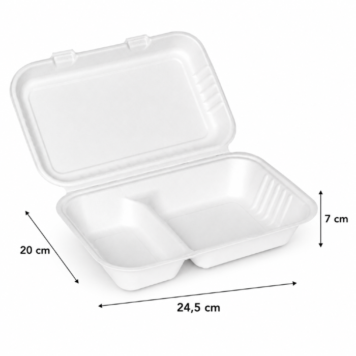 Menubox z trzciny cukrowej z pokrywką T2 dwukomorowy 24,5 cm x 20 cm x 7 cm - 20 sztuk