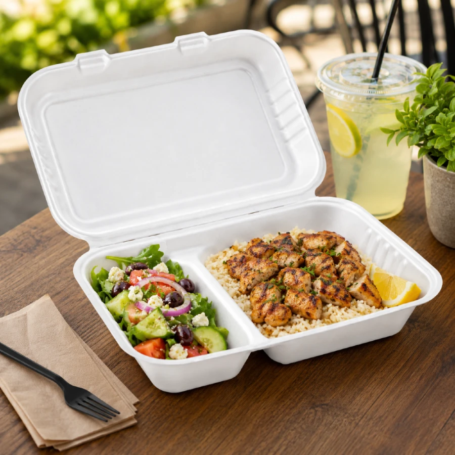 Menubox z trzciny cukrowej z pokrywką T2 dwukomorowy 24,5 cm x 20 cm x 7 cm - 20 sztuk