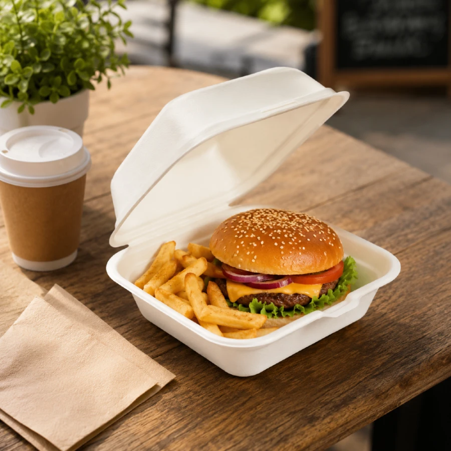 Opakowanie z trzciny cukrowej z pokrywką burger box 15,2 cm x 15,2 cm x 7,5 cm - 50 sztuk