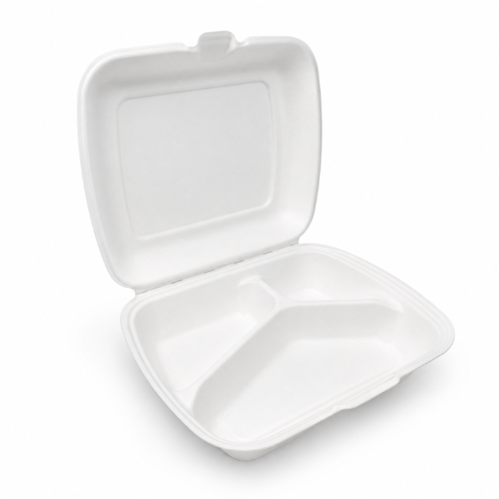 Opakowanie z trzciny cukrowej z pokrywką trzykomorowe 23 cm x 20,5 cm x 7 cm - 50 sztuk