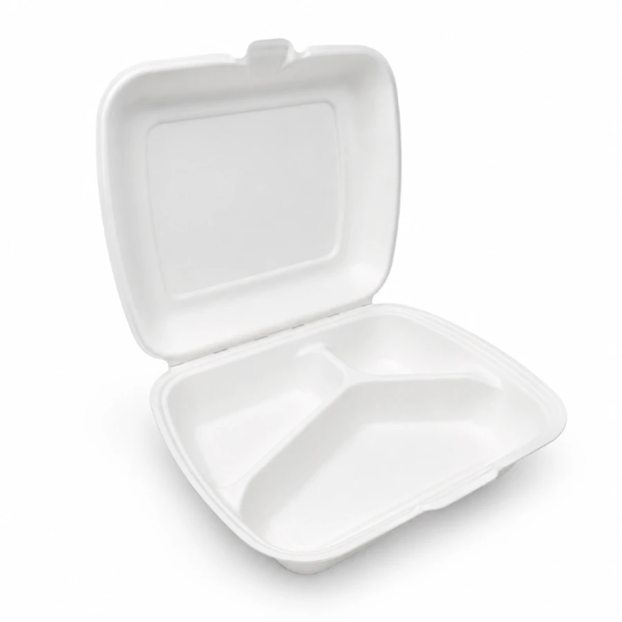 Opakowanie z trzciny cukrowej z pokrywką trzykomorowe 23 cm x 20,5 cm x 7 cm - 50 sztuk