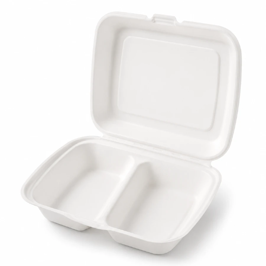 Opakowanie z trzciny cukrowej z pokrywką dwukomorowe 23 cm x 20,5 cm x 7 cm - 50 sztuk