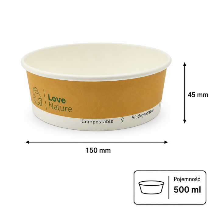 Miska papierowa do sałatek i dań na wynos z powłoką dyspersyjną kraft fi 150 mm 500 ml - 50 sztuk