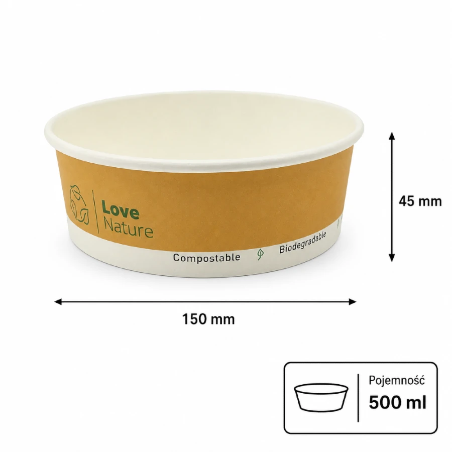 Miska papierowa do sałatek i dań na wynos z powłoką dyspersyjną kraft fi 150 mm 500 ml - 50 sztuk