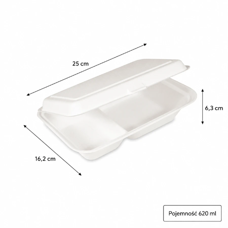 Opakowanie z trzciny cukrowej z pokrywką 620 ml dwudzielne 25 cm x 16,2 cm x 6,3 cm - 50 sztuk